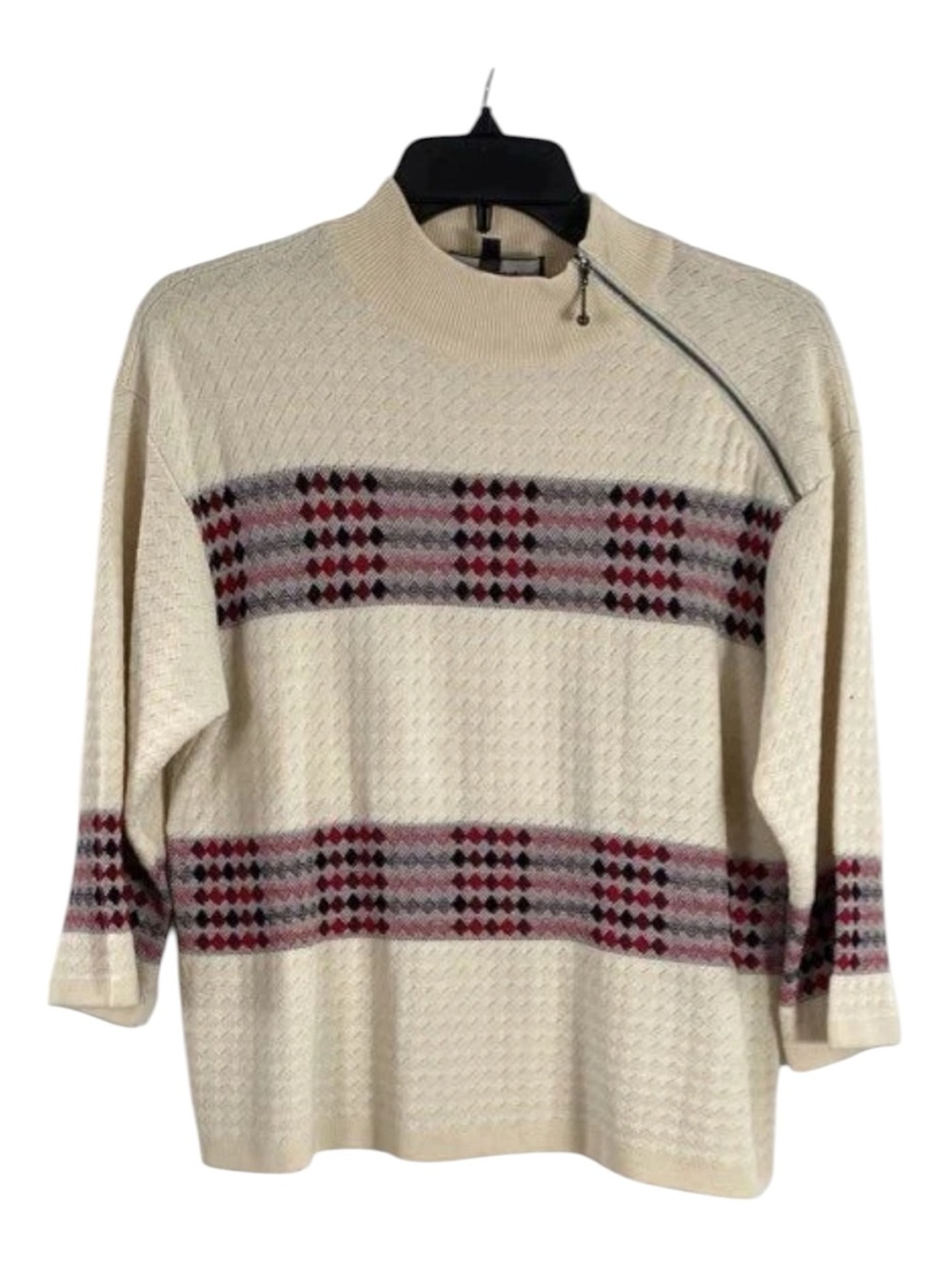 St. John Cream Knit High Neck Wine Gray Black Geo Diamond Band Sz S